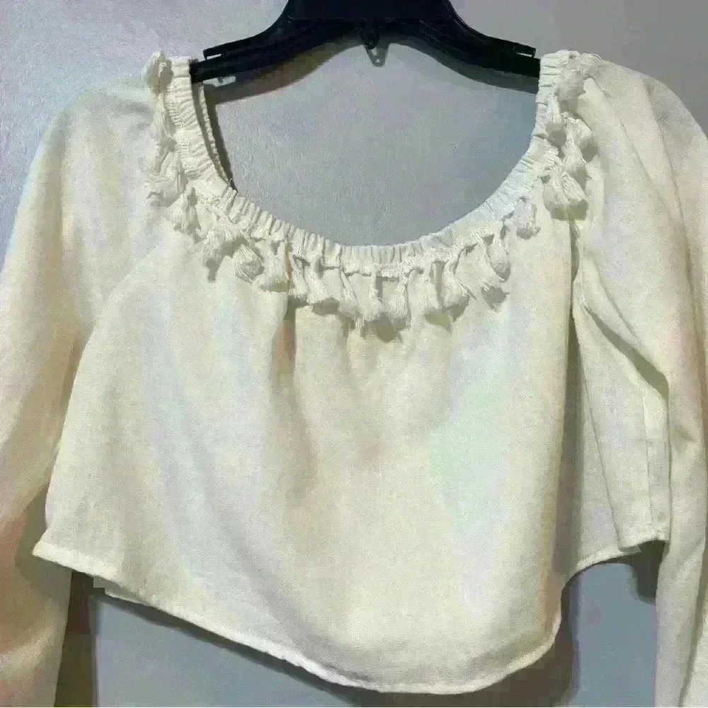 Women’s Linen Cropped Long Sleeve OFF SHOULDER Macrame size LARGE WHITE Beach - Picture 2 of 9